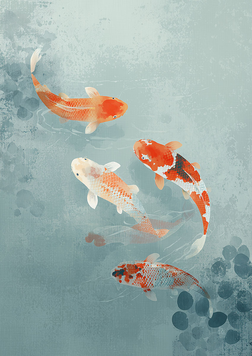 Artistic representation of vibrant koi fish swimming in calm water, featuring an artistic blend of colours and textures.